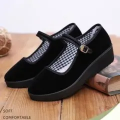 23.0cm カンフーシューズ ストラップ パンプス 厚底 レディース ベロア