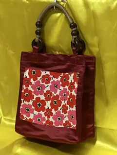 帯リメイク北欧風赤い花柄ポケットトートバッグ