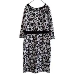 タルボット TALBOTS 花柄ワンピース 七分袖 S 黒 白
