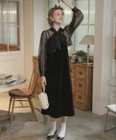 2wayボウタイリボンドット柄シアーボレロ＆ベロアキャミソールドレス