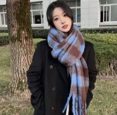 あったかマフラー 大柄チェック 水色×茶色