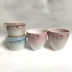 ハローキティ湯呑み2個・陶器製蓋付きカップ2個セット　平成レトロ