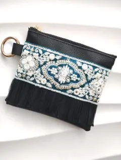 インド刺繍リボン フェイクレザーポーチ ハンドメイド
