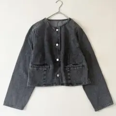 ✨美品✨etoll. ノーカラー コンパクト デニムジャケット ブラック M
