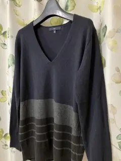 laf. ダークネイビー アンゴラ混Vネックセーター ボーダー 2S M