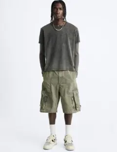 ZARA カーゴショーツ グランジ加工 オリーブカーキ W30 平成 Y2K