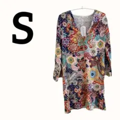 新品✨花柄ペイズリー 長袖膝丈ワンピース 【S】 小さめ 薄め 派手