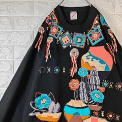 【個性派 ひも飾り】スウェット ネイティブ柄 プリント L ブラック