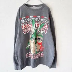 アメリカ古着　アニマル　ナマケモノ　クリスマス　ノルディック柄　グレー　XL