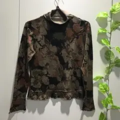 【キャラバン】 花柄 長袖 タートルネックトップス 茶系 フレア サイズ9R