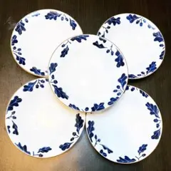 宮内庁御用達 深川製磁 金縁 青の葉模様 平皿 5枚