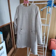 楽天チェックツイード 長袖 ひざ丈ワンピース