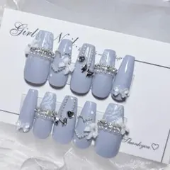 Ｎｏ．現品 ネイルチップハンドメイド 水色リボンハート韓国ストーンフリル転写