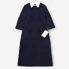 新品タグ付 S セルフォード 白衿 ロングワンピース 七分袖 膝下丈 濃紺