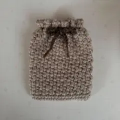 毛糸巾着　ポーチ　化粧品ナプキン小物入れ　ベージュブラウン茶色　リボン