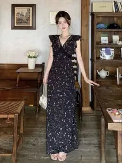 花柄 Vネック ロングワンピース ノースリーブ