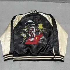 1115 黒×金サテン 富士山と花火 総刺繍 和傘舞妓 中綿キルト ラインリブ