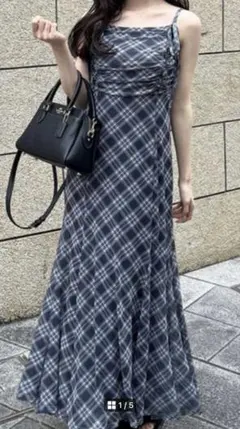 GRLチェック柄ギャザーリボンキャミソールワンピース 黒 dk1411