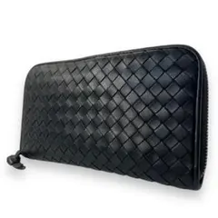 美品■ボッテガヴェネタ　ラウンドジップ　長財布　イントレチャート　本革　黒