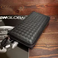 D1 ラムレザー　財布　羊革　本革　イントレチャート　編み込み　黒■ブラック