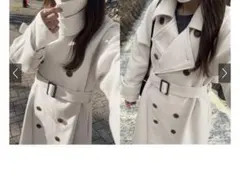 タグ付★襟3Waベルト付きフェイクウールトレンチコートze783 M アイボリー