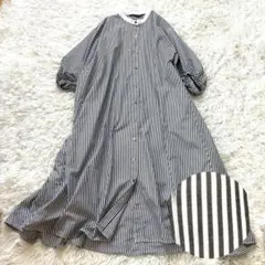 ミズイロインド　バンドカラー　シャツワンピース　ストライプ　ウォッシャブル
