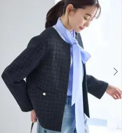 ロベピクニック　ツイードフレアジャケット　ノーカラージャケット　ネイビー