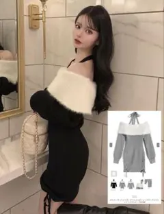 ホルターネックシャギーオフショルダーレースアップリブニットミニワンピ lt159