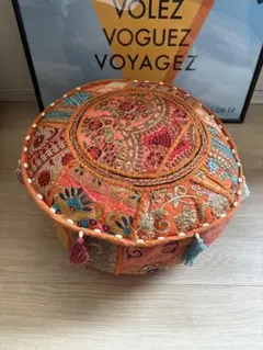 インド刺繍 花柄刺繍クッション オレンジ色系