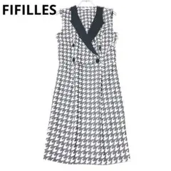 フィフィーユ　デザインワンピース　ノースリーブ　レトロ　千鳥格子　総柄　グレー