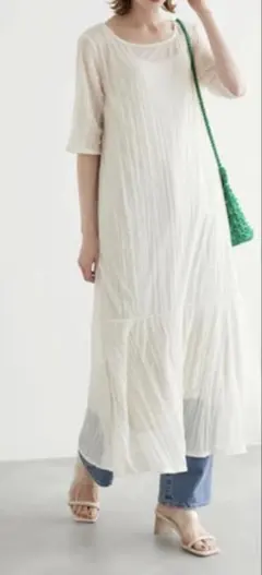 ROPE'PICNICアイボリー プリーツ 半袖 ロングワンピース