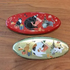 KALDI 猫デザイン クリスマス缶 2点セット 赤×ゴールド 小物入れのサムネイル