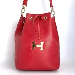 美品 ハイクラス 巾着ショルダーバッグ ゴールド金具 Hロゴ レザー レッド