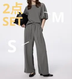 【SET】バブルスリーブブラウス ドレープワイドパンツ