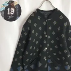 レトロ古着 カーディガン ウール アーガイル柄 菱形 総柄 黒色 M かわいい