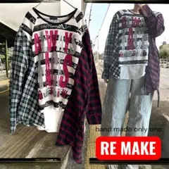 XL ゆるだぼ チェック柄シャツ ドッキング トップス 長袖 古着リメイク 個性