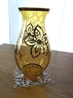 ボヘミアンガラス薔薇絵花瓶飾り花瓶エナメル彩銘有箱有