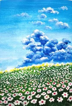 入道雲と白い花　A5サイズフレーム入り　原画　手描き　風景画　アクリル画
