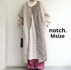 ノッチ アシメキルティング配色コート ベージュ M 切替 ノーカラー ロング丈