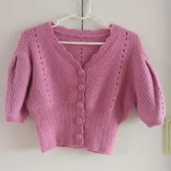 ピンク 五分袖 ニット カーディガン