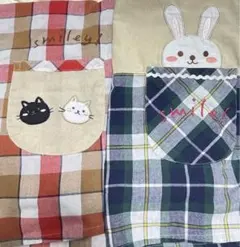 保育士　動物エプロン2着セット　チェック柄　猫　ウサギ刺繍