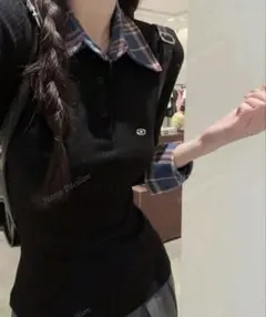 ブラックポロシャツ 長袖 チェック襟
