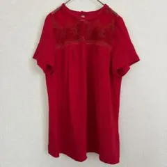 刺繍レース使い チュニック カットソー 赤 背面ボタン 体型カバー 夏服 古着