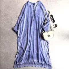 美品 ミズイロインド ピグメントダイシャツワンピース タイダイ染 シアー ブルー