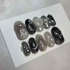 【No.498】現品限り ネイルチップ 黒 リボン ハート 月