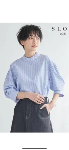 美品☆SLOW SoftWashShirtinプチフリルシャツストライプ38