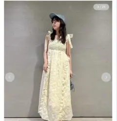 シアージャカードフリルリボンワンピース　リリーブラウン　イエロー　美品　未使用