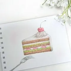 色鉛筆画　原画　１点物　手描き　イラスト　ケーキ　B6