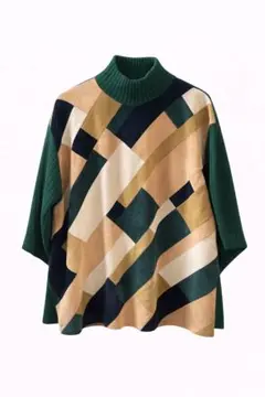 古着 グリーン 幾何学模様 タートルネックセーター