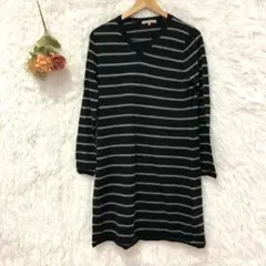★ユニクロ★Vネック ウール100% ボーダー ワンピース 【L】 軽量 長袖